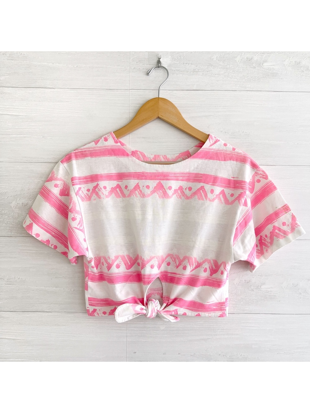 *Vintage Lightning Bolt BOLT Pink White Cropped Tie Front Top USA Flaws M